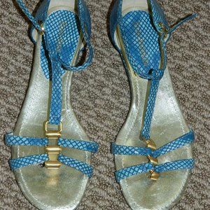 Enzo Angiolini Peacock Blue Snake Embossed Design Low Wedge Sandals , Size 6